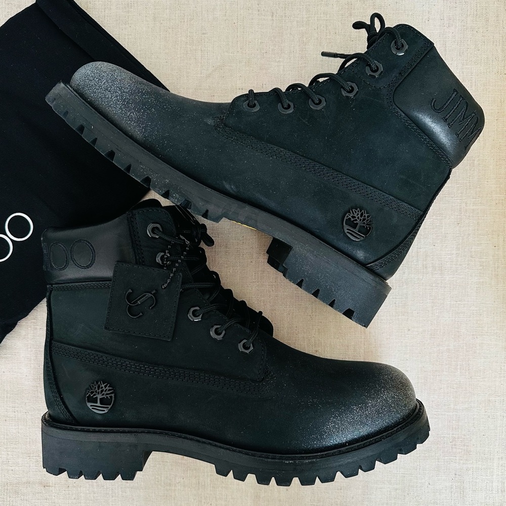 New Timberland X Jimmy Choo 6 Inch Black Glitter Premium Nubuck Leather Boots